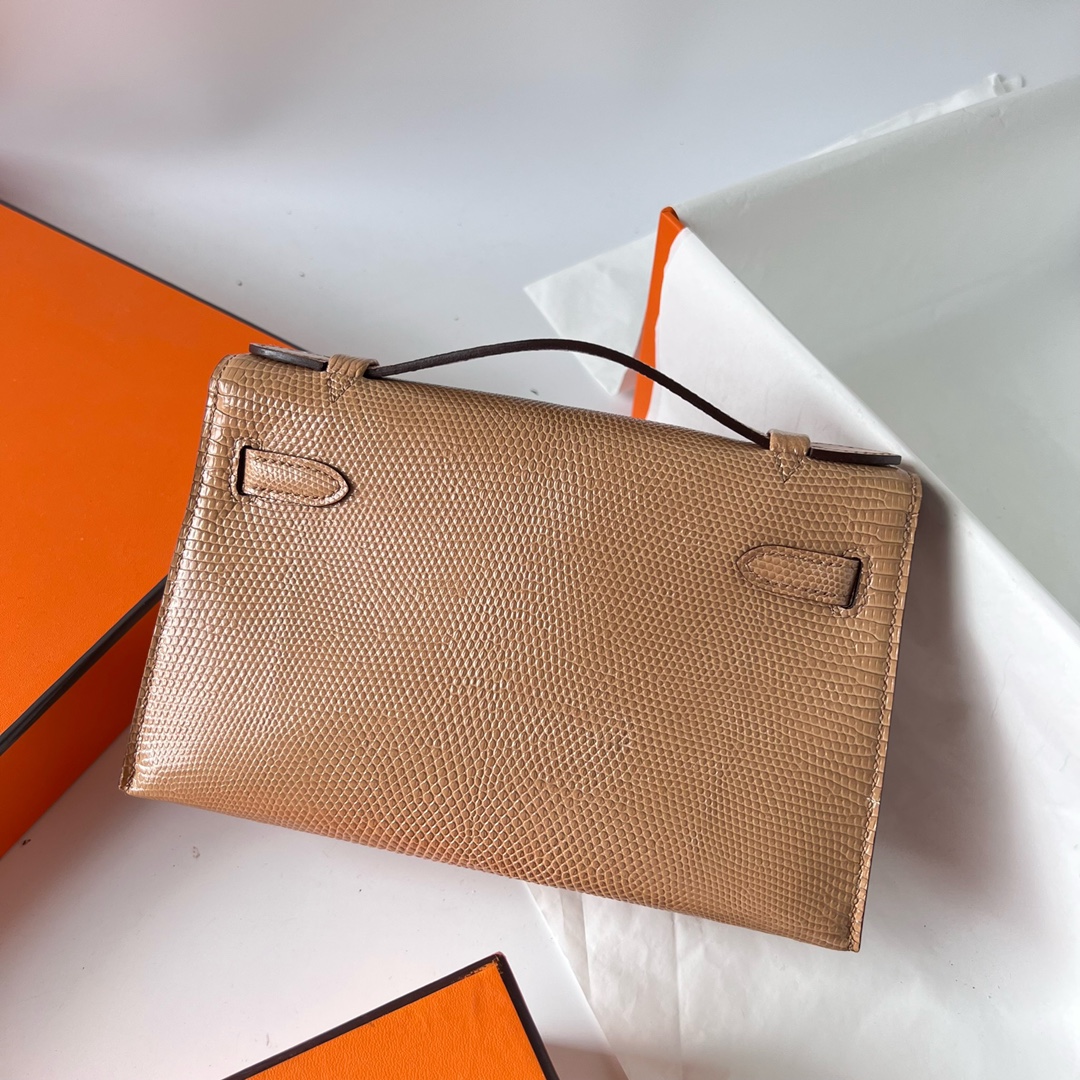 Mini Kelly Pochette 22cm Lizard imported lizard skin 0M milk tea color Chai silver buckle fully handmade wax stitching Phw customized✈️ - Image 4