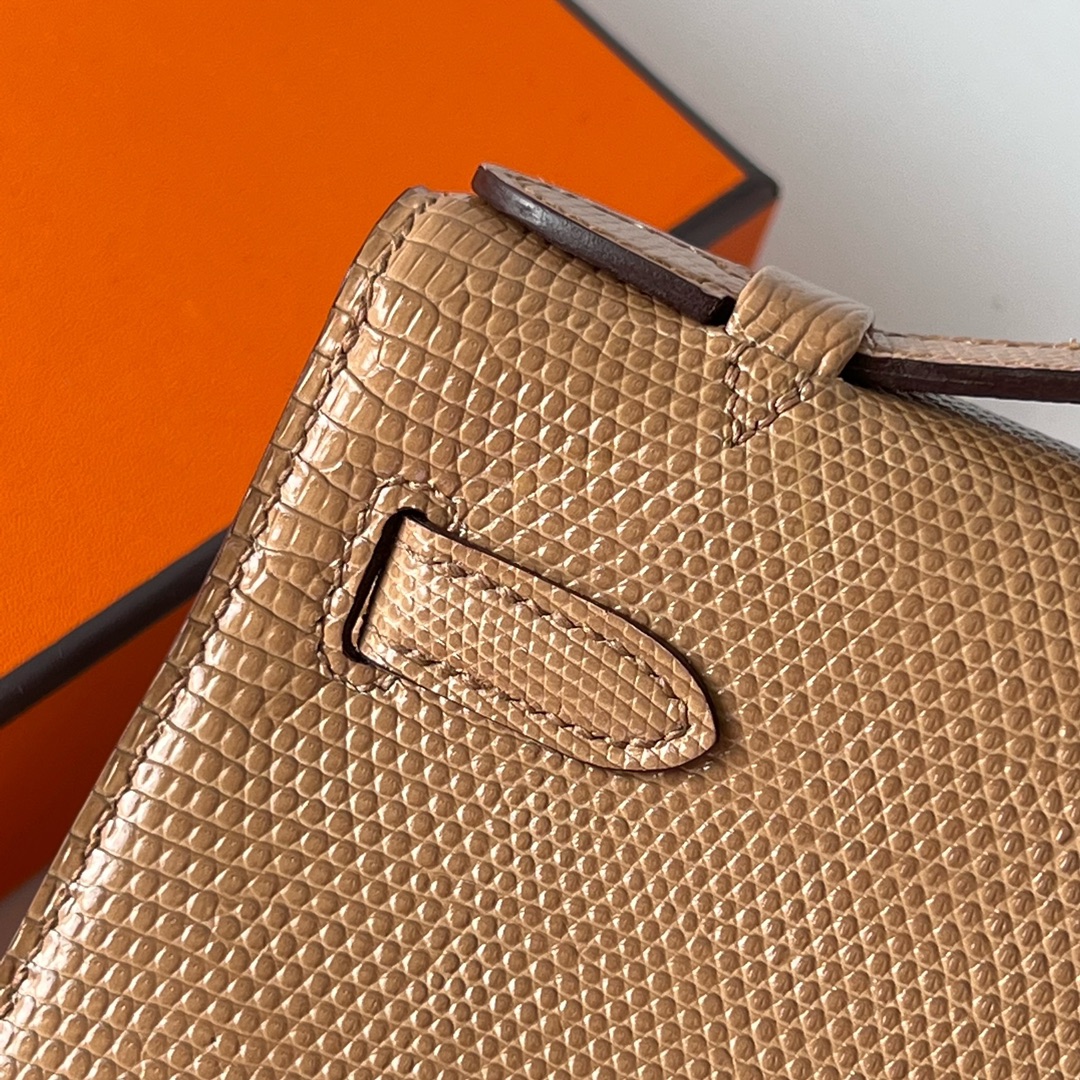 Mini Kelly Pochette 22cm Lizard imported lizard skin 0M milk tea color Chai silver buckle fully handmade wax stitching Phw customized✈️ - Image 5