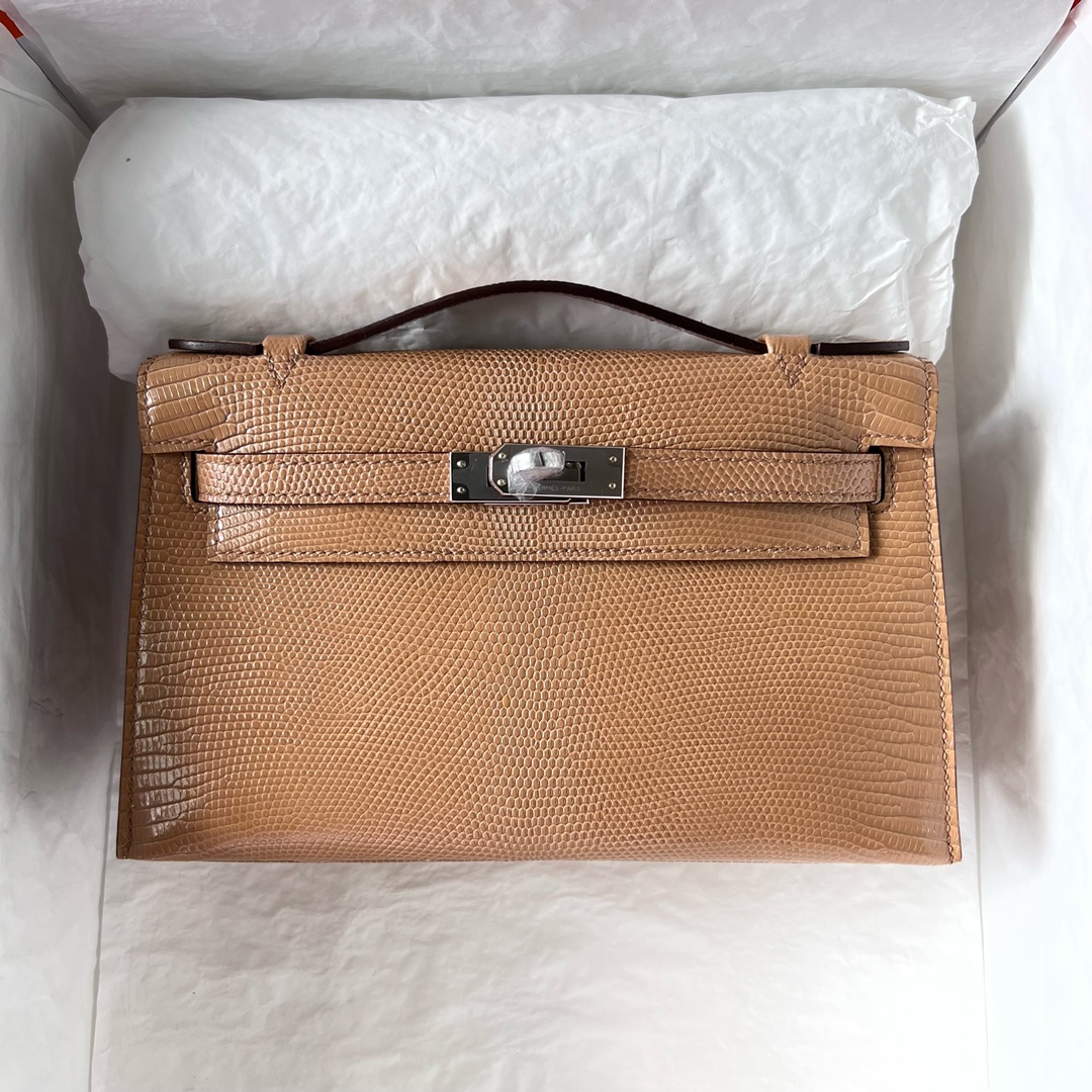 Mini Kelly Pochette 22cm Lizard imported lizard skin 0M milk tea color Chai silver buckle fully handmade wax stitching Phw customized✈️ - Image 9