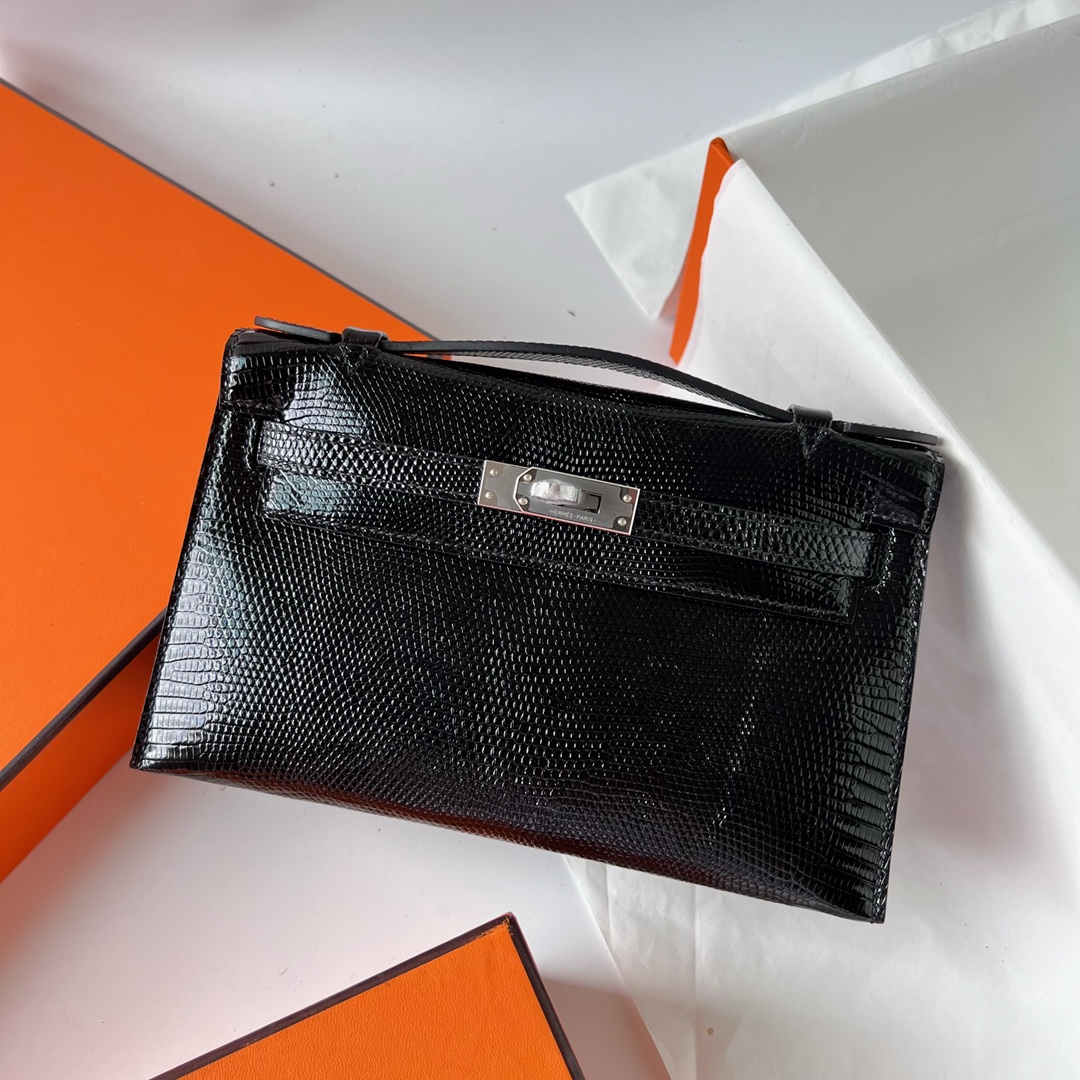 Mini Kelly Pochette 22cm Lizard imported lizard skin Ck89 black Noir silver buckle fully handmade wax stitching Phw customized✈️
