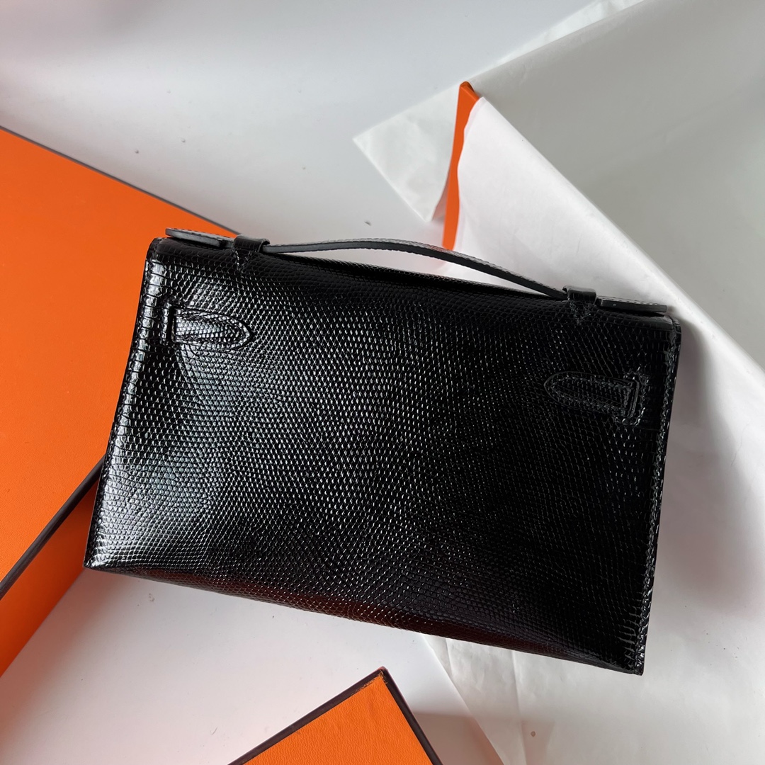 Mini Kelly Pochette 22cm Lizard imported lizard skin Ck89 black Noir silver buckle fully handmade wax stitching Phw customized✈️ - Image 4