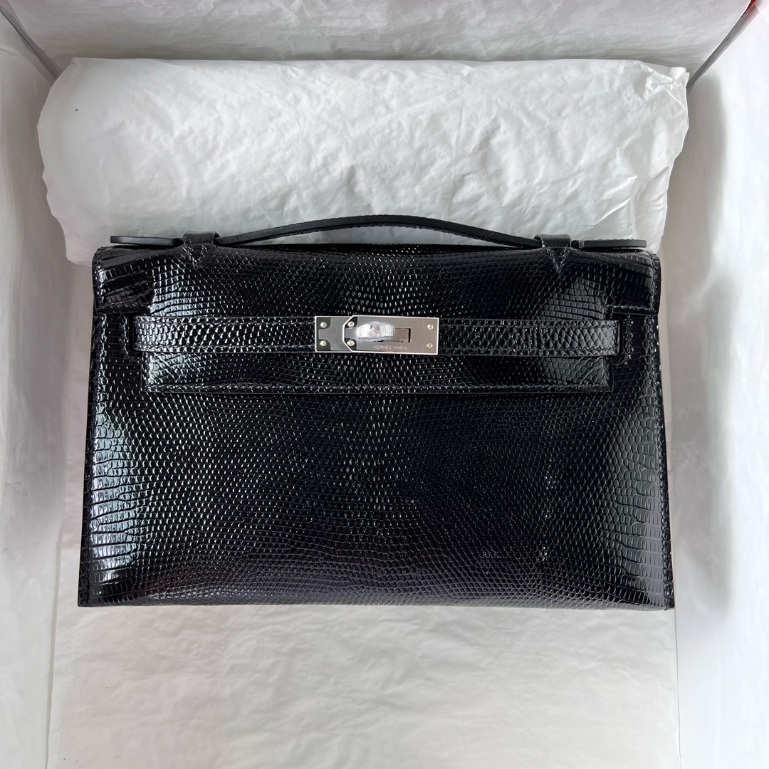 Mini Kelly Pochette 22cm Lizard imported lizard skin Ck89 black Noir silver buckle fully handmade wax stitching Phw customized✈️ - Image 9