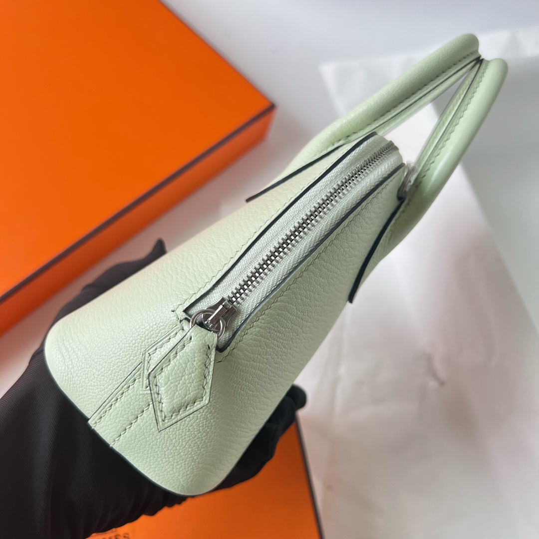 Mini Bolide 20cm Chevre imported goatskin 0S bubble green silver buckle fully handmade wax stitching Phw customized✈️ - Image 4