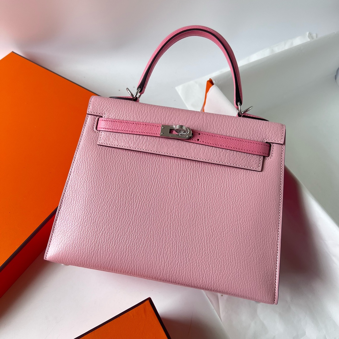 Kelly 25cm Chevre HSS Imported goatskin 3Q new pink/1Q milkshake powder silver buckle fully handmade wax stitching Phw customized✈️