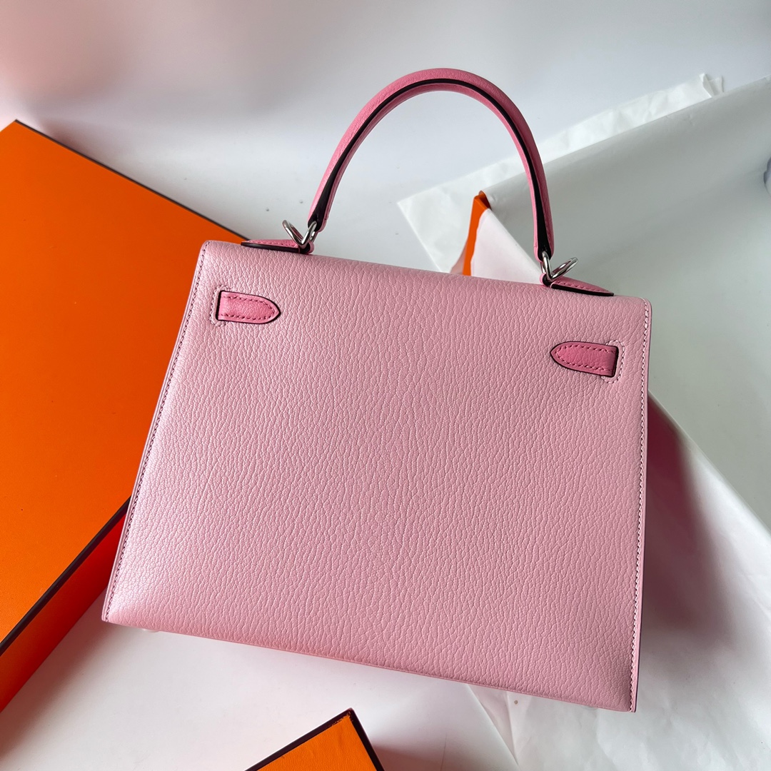 Kelly 25cm Chevre HSS Imported goatskin 3Q new pink/1Q milkshake powder silver buckle fully handmade wax stitching Phw customized✈️ - Image 4