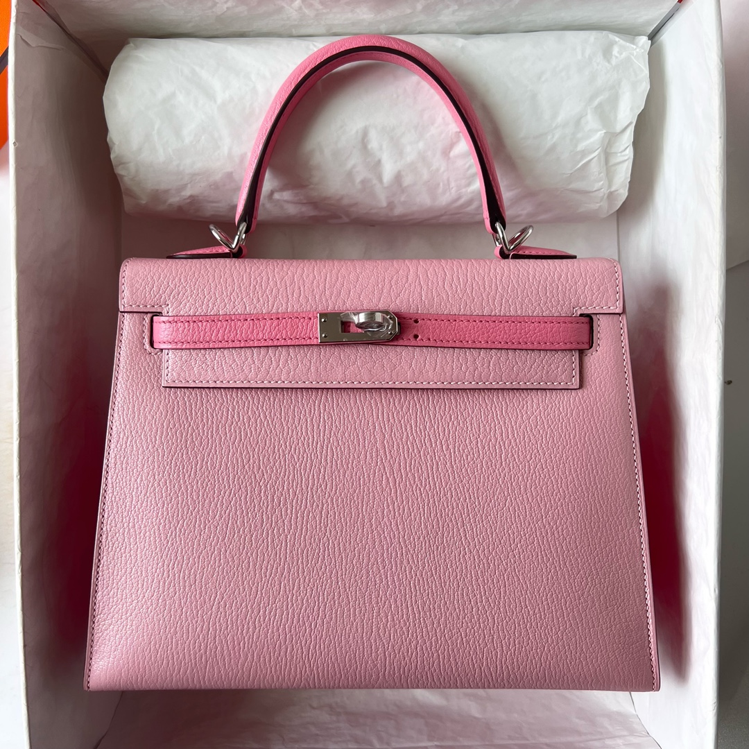 Kelly 25cm Chevre HSS Imported goatskin 3Q new pink/1Q milkshake powder silver buckle fully handmade wax stitching Phw customized✈️ - Image 9