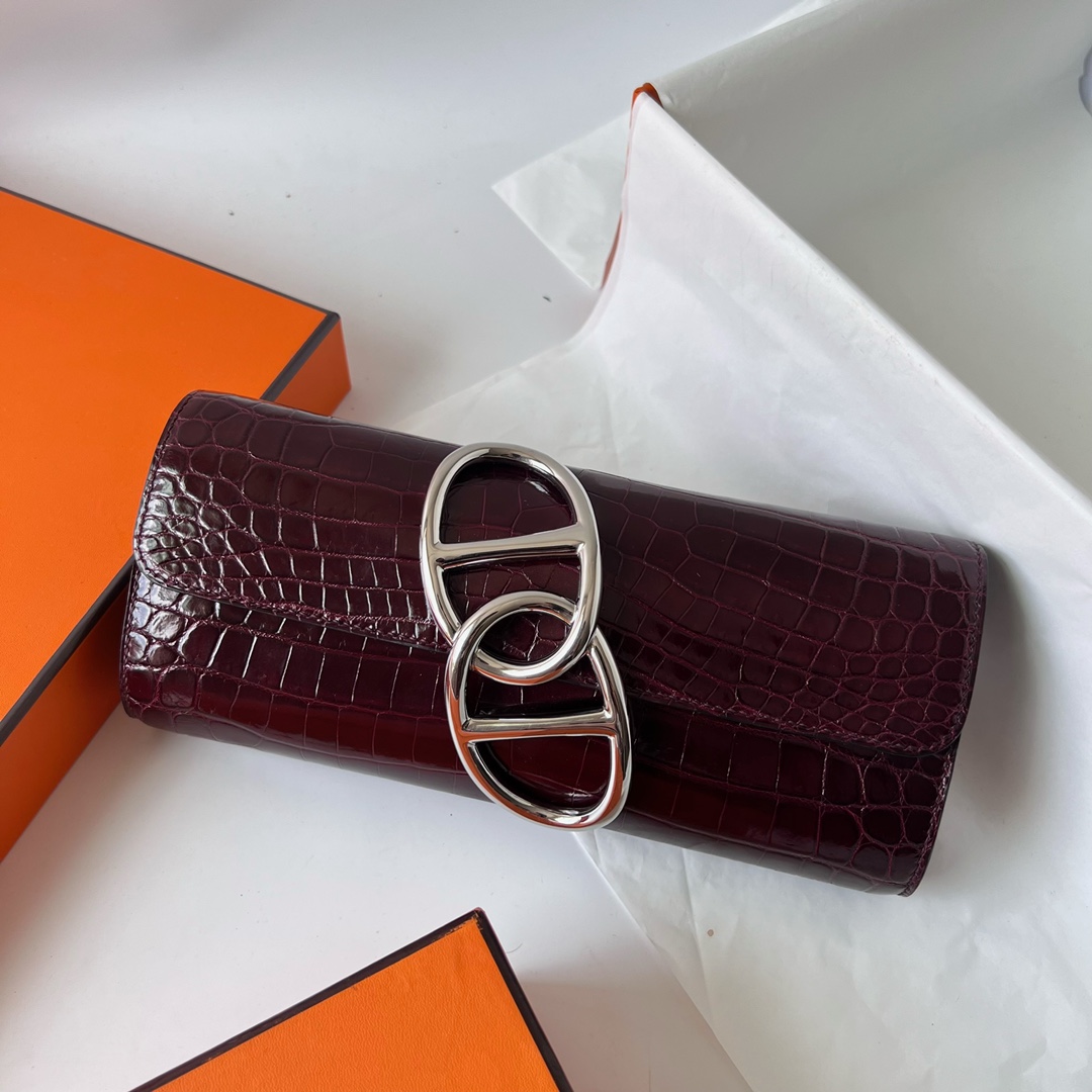 Pig Nose Clutch 25cm Glossy Nile Crocodile Ck57 Bordeaux Wine Red Silver Buckle Fully Handmade Wax Thread Phw Stock