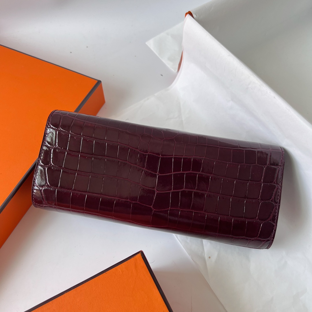 Pig Nose Clutch 25cm Glossy Nile Crocodile Ck57 Bordeaux Wine Red Silver Buckle Fully Handmade Wax Thread Phw Stock - Image 4