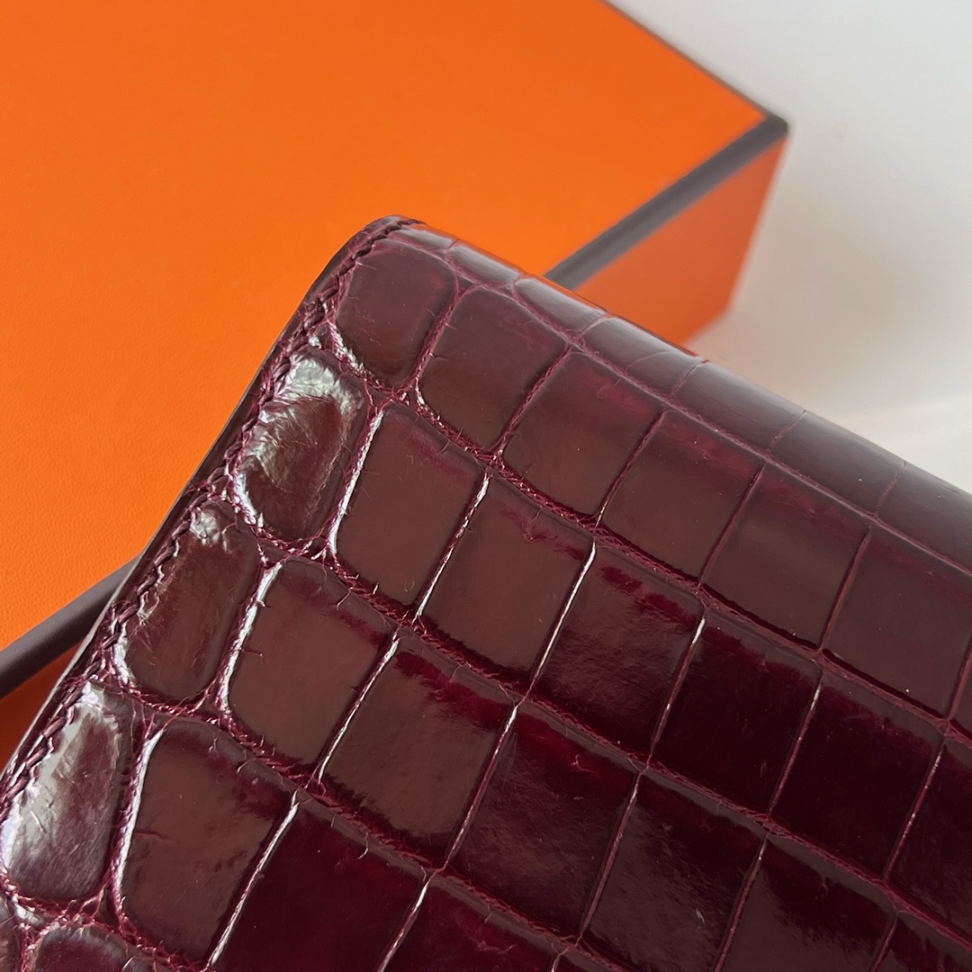 Pig Nose Clutch 25cm Glossy Nile Crocodile Ck57 Bordeaux Wine Red Silver Buckle Fully Handmade Wax Thread Phw Stock - Image 5