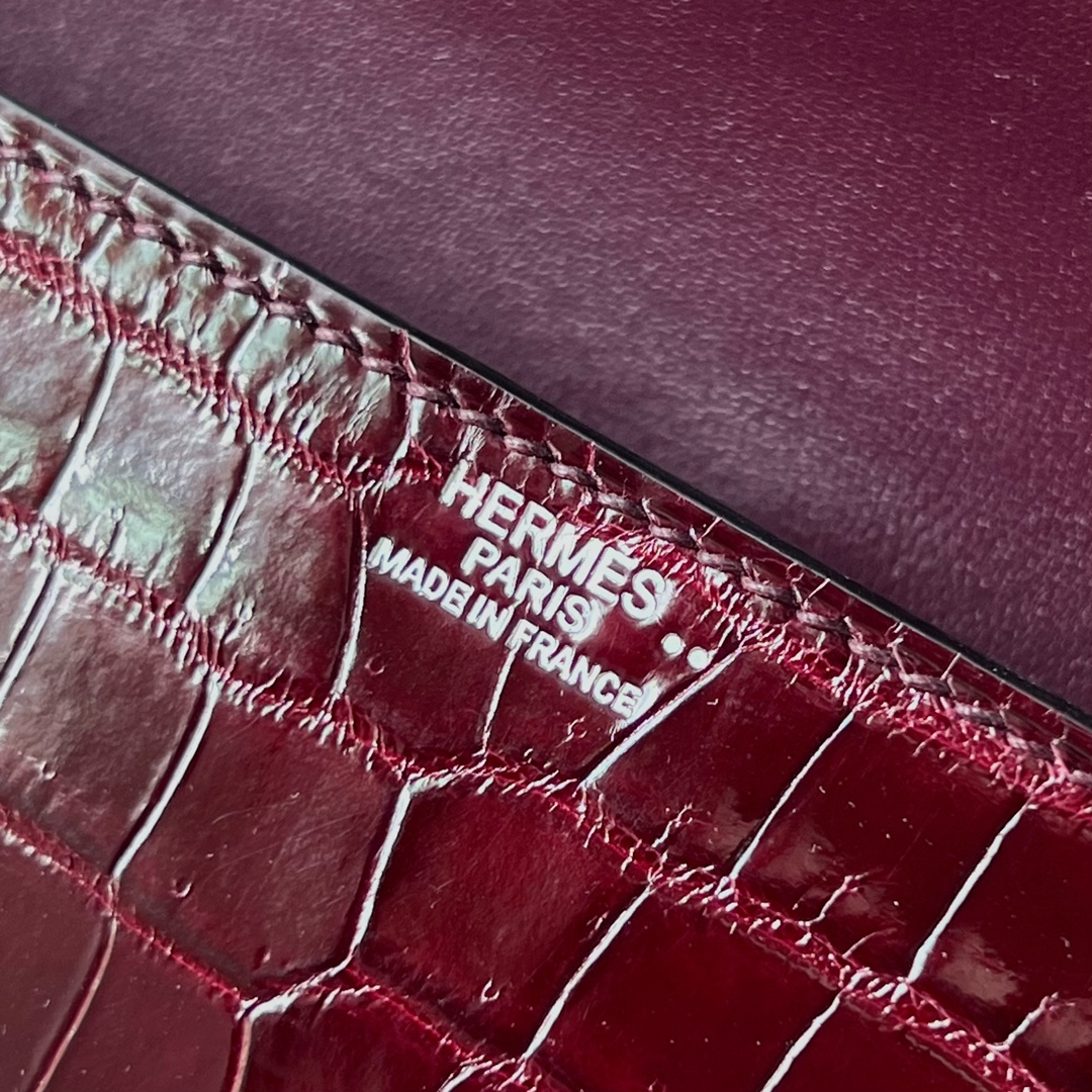Pig Nose Clutch 25cm Glossy Nile Crocodile Ck57 Bordeaux Wine Red Silver Buckle Fully Handmade Wax Thread Phw Stock - Image 8