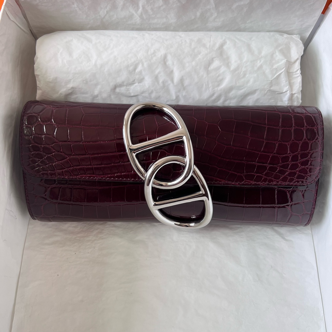 Pig Nose Clutch 25cm Glossy Nile Crocodile Ck57 Bordeaux Wine Red Silver Buckle Fully Handmade Wax Thread Phw Stock - Image 9