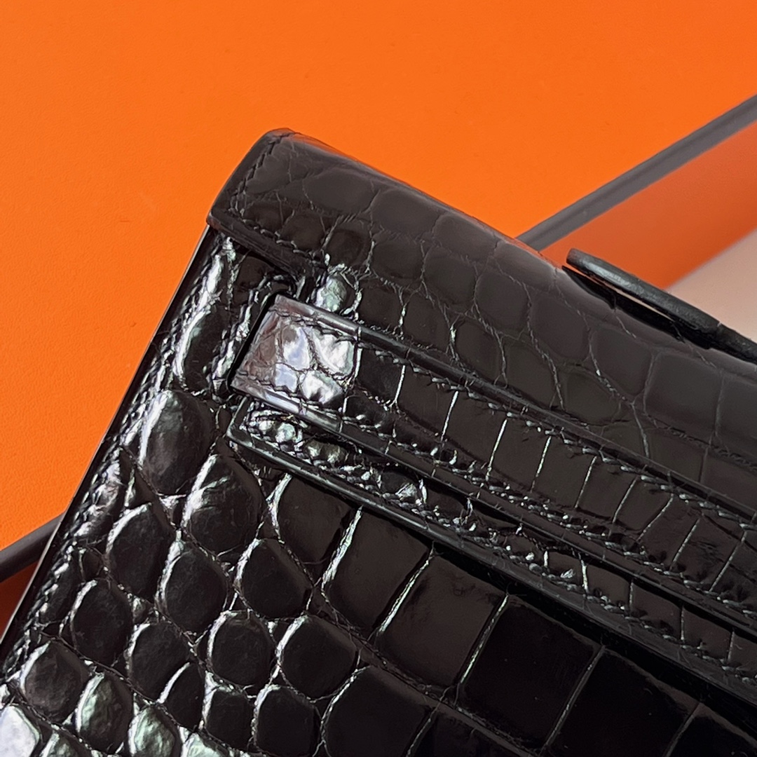 Kelly cut 31cm shiny inverted v Australian crocodile Ck89 black silver buckle shiny porosus crocodile fully handmade wax thread sewing phw stock - Image 2
