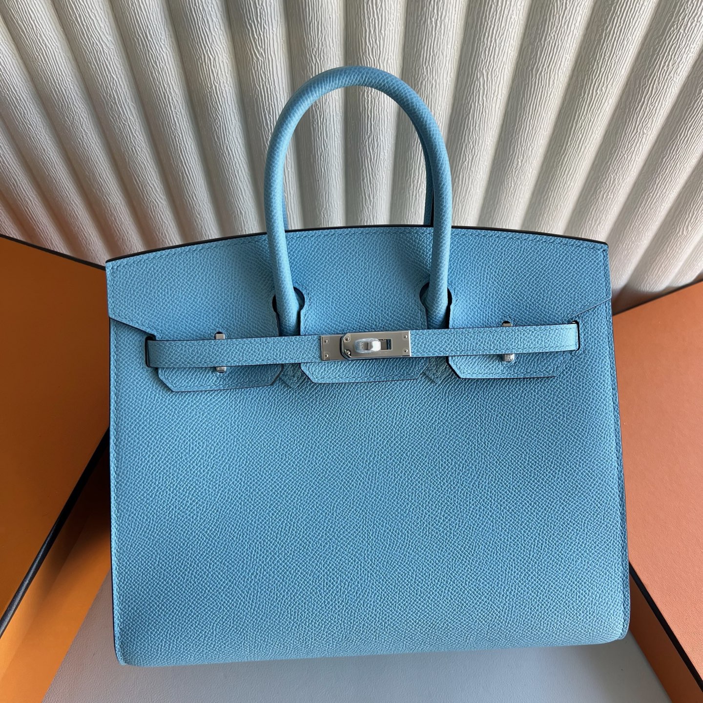 Spot Birkin 25cm Sellier Epsom Color: 7N candy blue Celeste silver buckle, fully handmade wax stitching Phw Stock