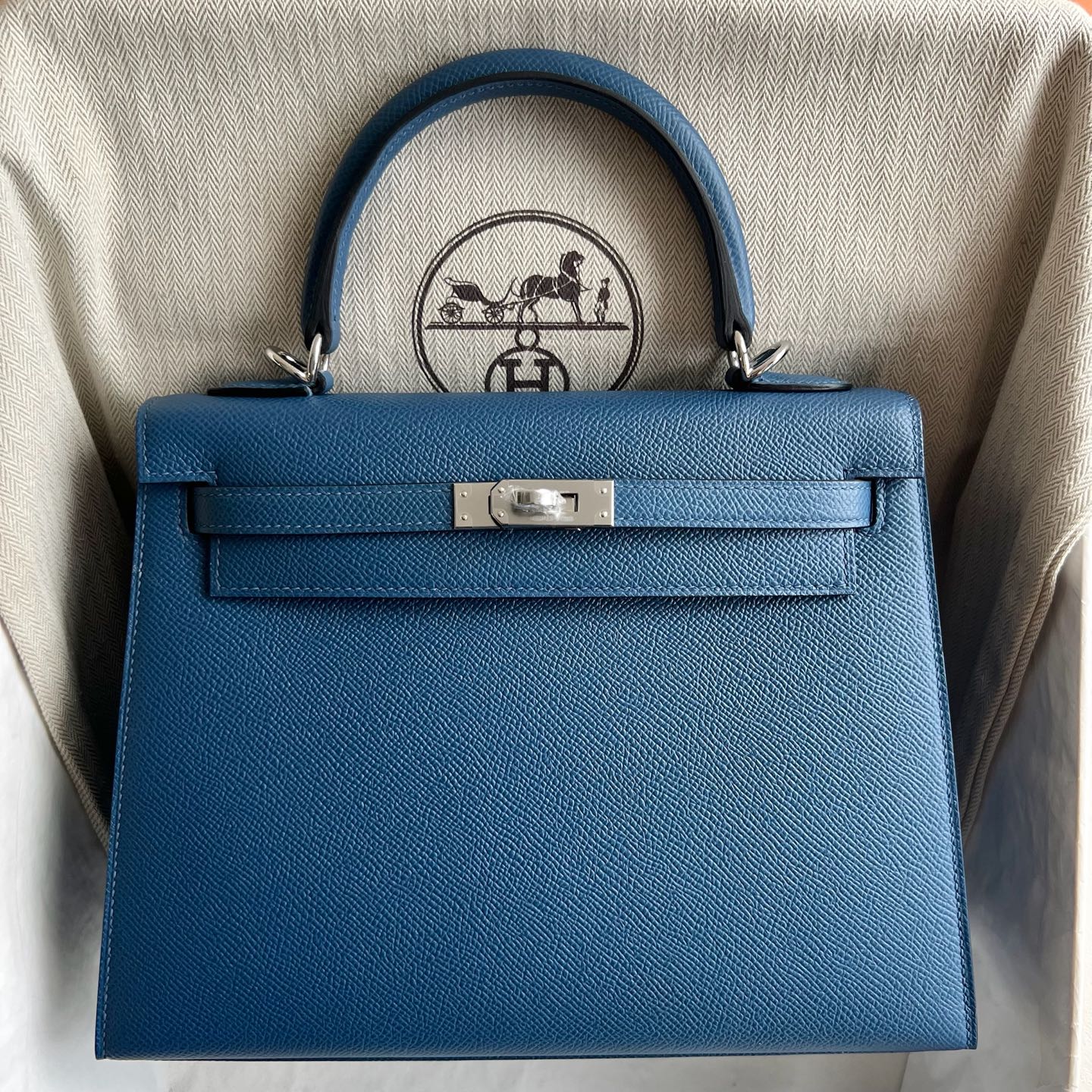 Kelly 25cm Epsom Color: R2 Blue Agate, agate blue, fully handmade wax stitching Phw customized✈️ - Image 11