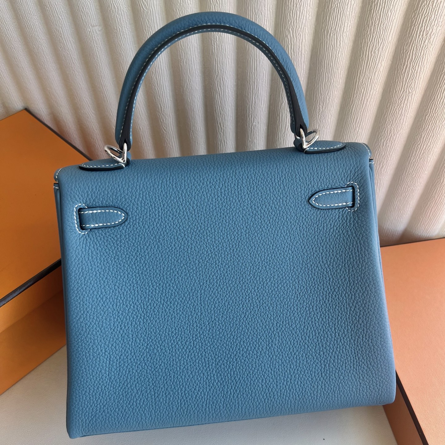 Kelly 25cm Togo original calfskin imported from Germany Color: D2 new denim blue, silver buckle, fully handmade wax stitching Phw customized✈️ - Image 4