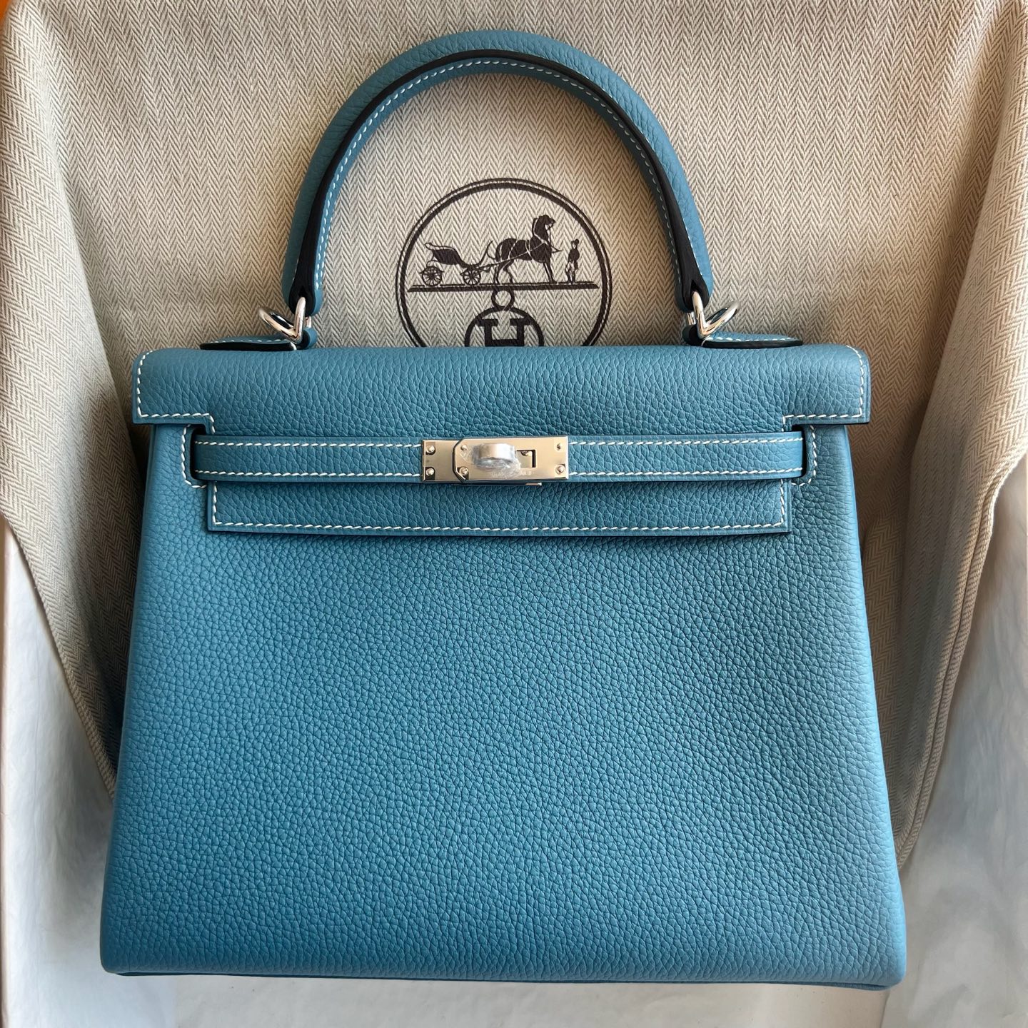 Kelly 25cm Togo original calfskin imported from Germany Color: D2 new denim blue, silver buckle, fully handmade wax stitching Phw customized✈️ - Image 11