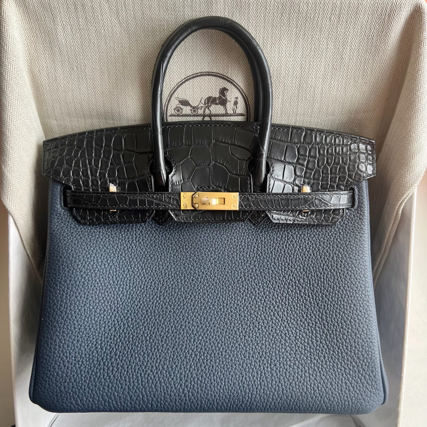 Birkin 25cm Touch Togo/Matte American Alligator Color: 78 navy/89 black Fully handmade wax thread sewing, gold buckle, customized✈️ - Image 11