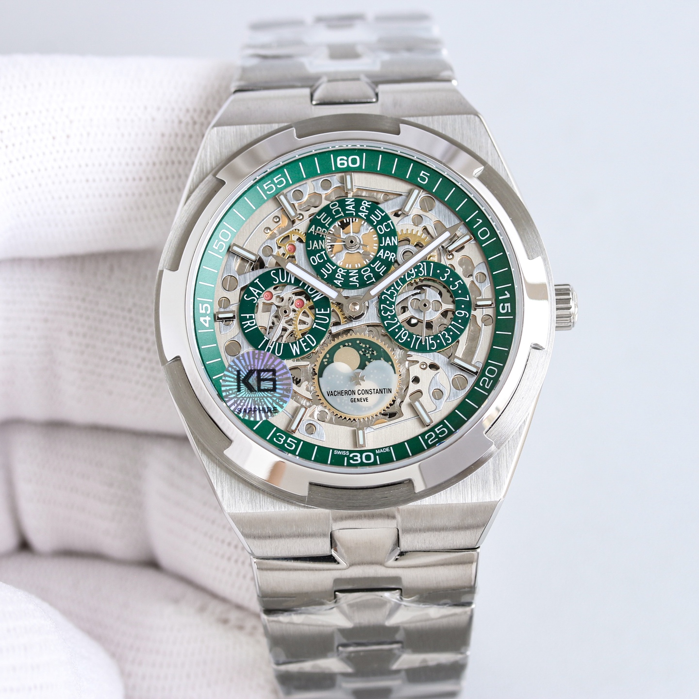 Vacheron Constantin's 4300V New Green Skeleton Perpetual Calendar Multi-Function Watch, with Fashion White Tape/Sunshine Orange Tape Exclusive Fashion Version Equipped with Cal, which is consistent with the original product - Image 4