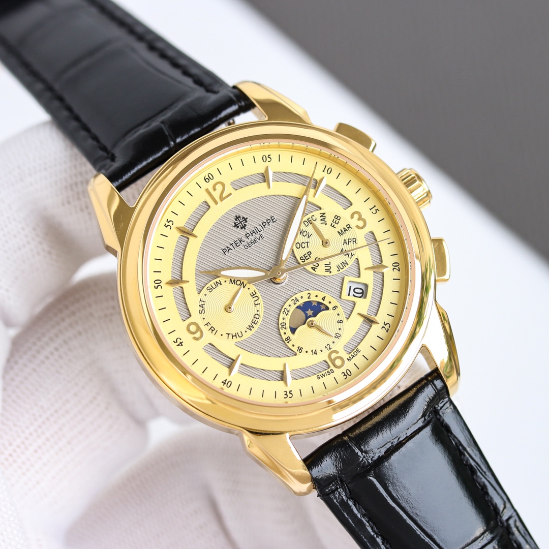 New model on the market 🔥Patek Philippe (actual photo) Patek Philippe is a noble work of art! Equipped with imported 9100 kinetic energy multi-functional 7-pin movement (0 repairs) â‘ Functions (kinetic energy, 24 hours, day of the week, stars, month/moon/sun) imported 316 stainless steel! Paired with Italian imported calfskin! Original folding buckle! ②⌚The dial uses a â•️ 7-pin design with Arabic numerals hidden in the inner ring, the highest version of the function, as a scale, which further shows the luxurious temperament of this watch! ③⌚Size 42mm