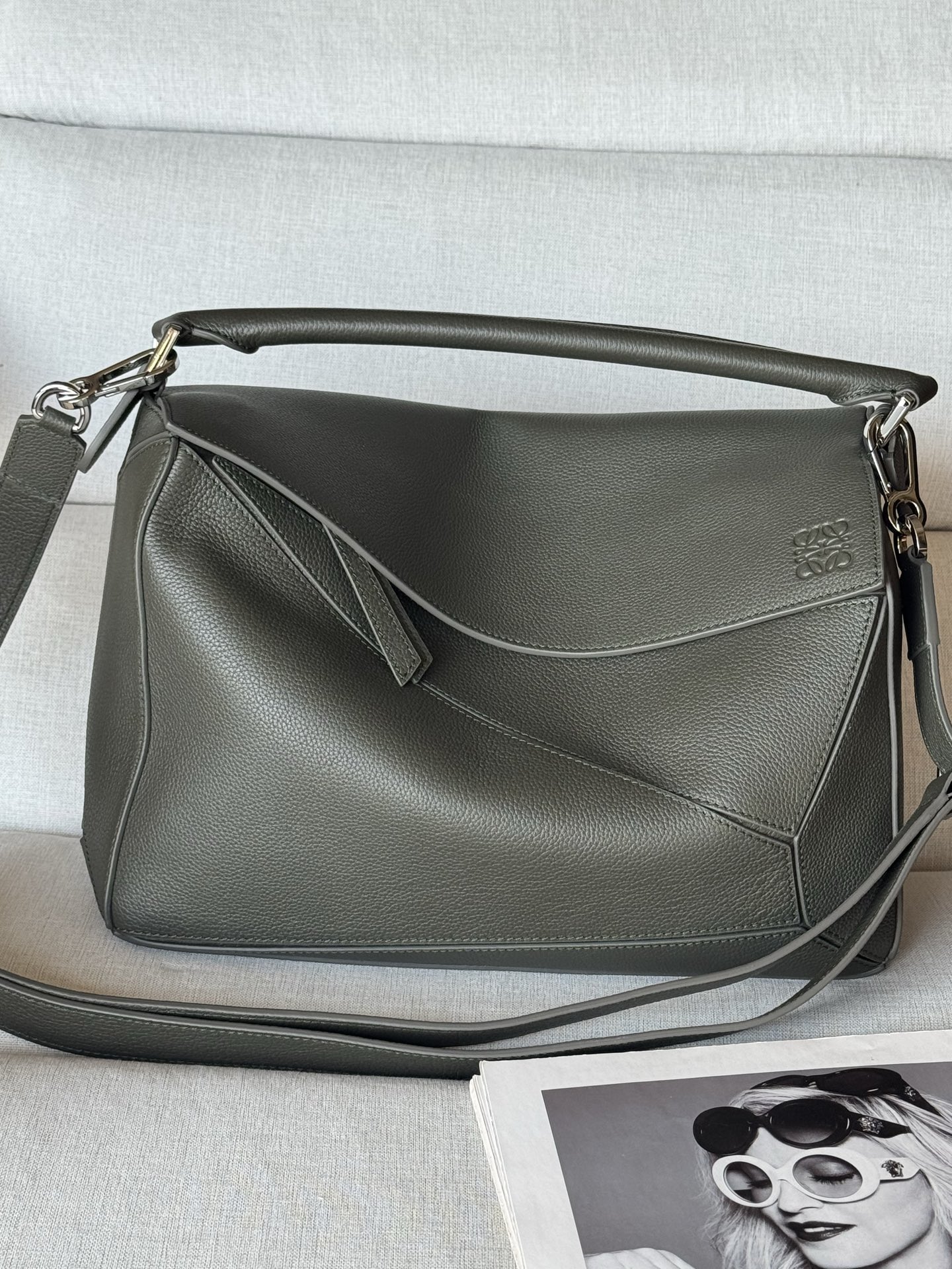 dark khaki green Large Deer Leather Puzzle Bag Model 7503 The Puzzle bag is creative director Jonathan Anderson’s first handbag for LOEWE