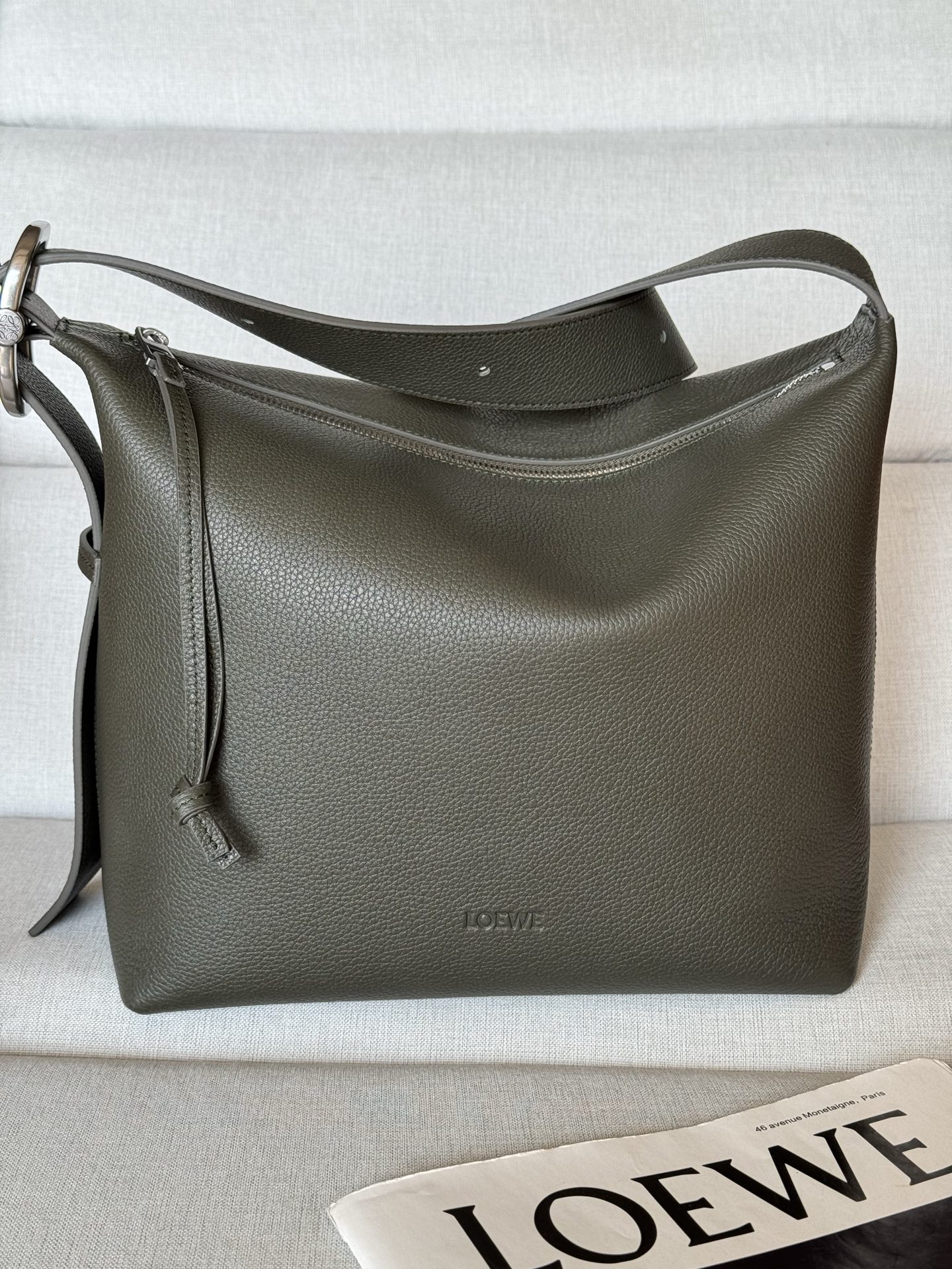 Loop Hobo bag in soft grained calfskin 337 khaki green, The Loop Hobo bag has a soft, streamlined shape that molds smoothly to your body