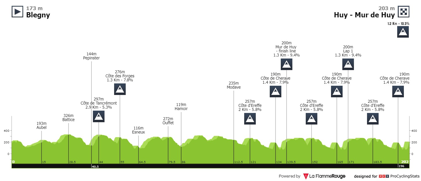 Perfil de La Flèche Wallonne, con el Mur de Huy como obstáculo final. / Fuente: ProCyclingStats.com