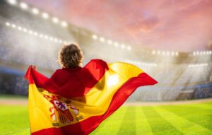 Spain,Football,Supporter,On,Stadium.,Spanish,Fans,On,Soccer,Pitch