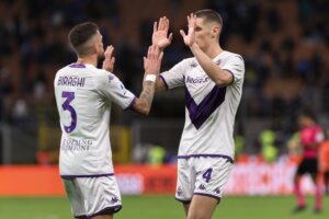 Italy,,Milan,,Apr,01,2023:,Nikola,Milenkovic,(fiorentina,Defender),Celebrates