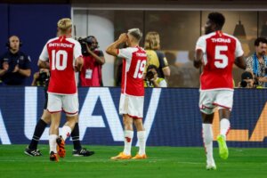 Arsenal's,Leandro,Trossard,(19),Celebrates,His,Goal,During,A,Soccer