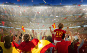 Spain,Football,Supporter,On,Stadium.,Spanish,Fans,On,Soccer,Pitch