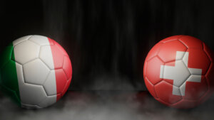 Two,Soccer,Balls,In,Flags,Colors,On,A,Black,Abstract