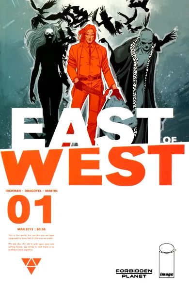Read collections East of West (2013) comic books online in PDF for free by Jonathan Hickman, illustrated by Nick Dragotta. Enjoy best free stories now.