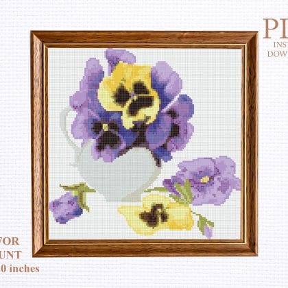 Bouquet of pansies flowers cross stitch pattern PDF