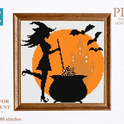 Witch with potion cross stitch pattern