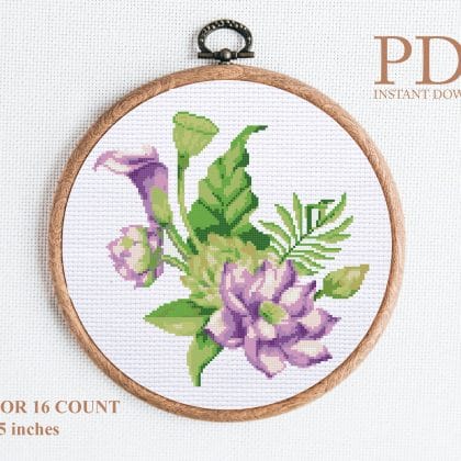 Bouquet of exotic flowers cross stitch pattern PDF