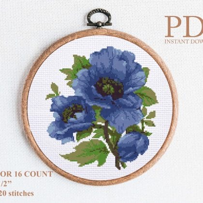 Flowers blue poppy cross stitch pattern