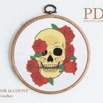 Skull with roses cross stitch pattern