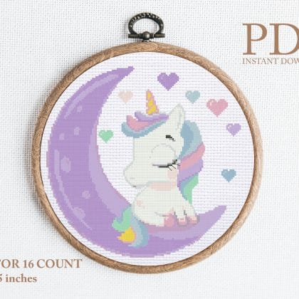 Unicorn on the moon cross stitch pattern