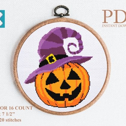 Halloween pumpkin with a hat cross stitch pattern