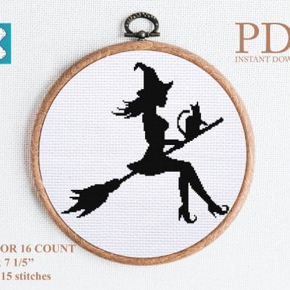 Witch with cat cross stitch pattern
