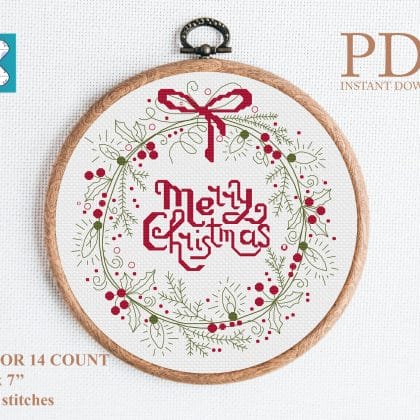 Wreath "Merry Christmas" cross stitch pattern