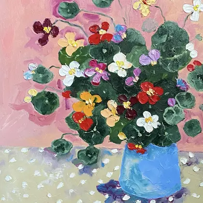 Nasturtium in a blue vase Flowers bouquet Oil painting Fauvism art