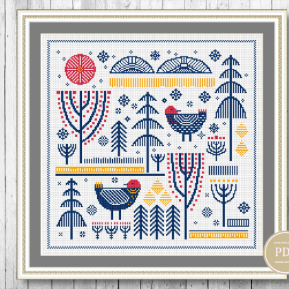 Scandinavian Cross Stitch Pattern Winter Embroidery Birds and Sun Instant PDF Download 148