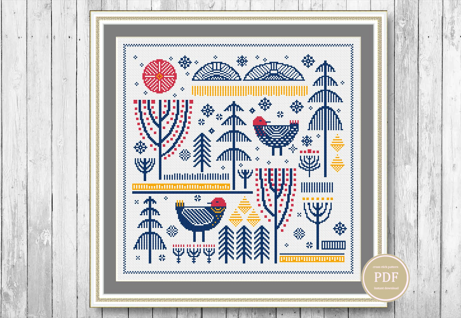 Scandinavian Cross Stitch Pattern Winter Embroidery Birds and Sun Scandinavian Cross Stitch Pattern Winter Embroidery Birds and Sun