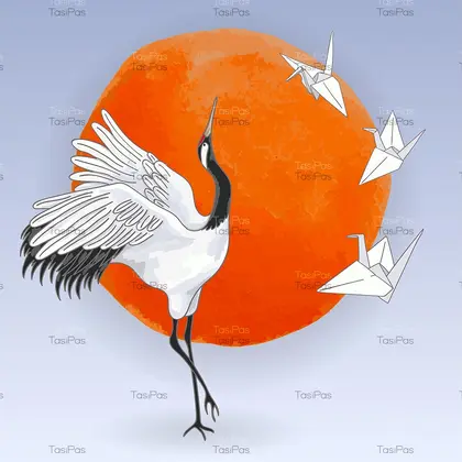 Japanese dancing crane and paper birds over sunset. Print. Poster. Digital Download.
