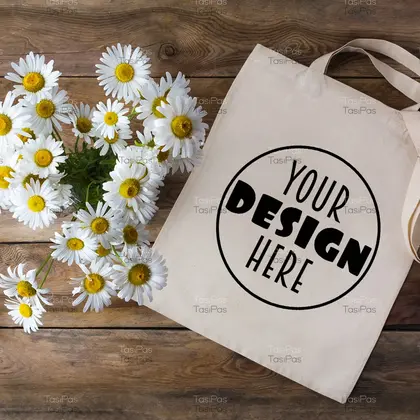 Rustic tote bag mockup with daisy. Digital Download.