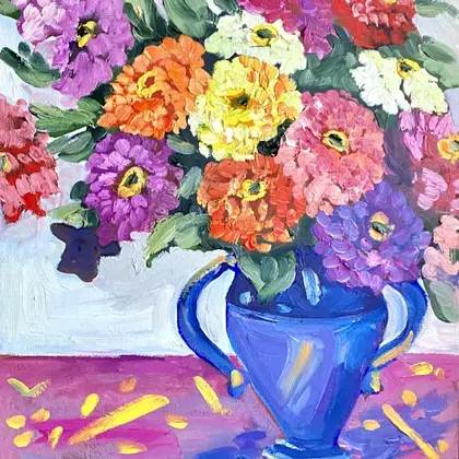 Zinnias in a blue vase Original oil painting Fauvism Matisse inspired Art