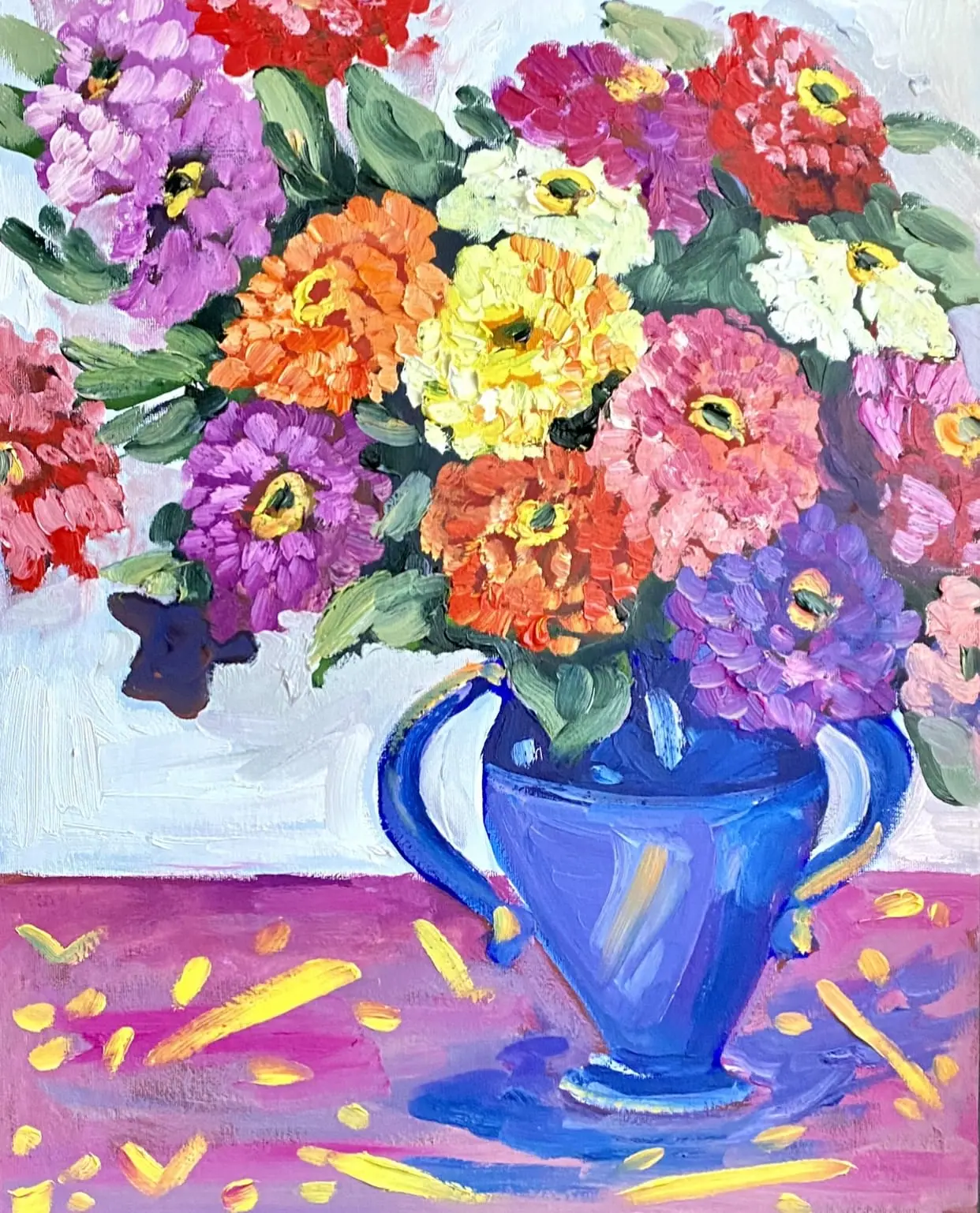 Zinnias in a blue vase Original oil painting Fauvism Matisse inspired Art 1 Zinnias in a blue vase Original oil painting Fauvism Matisse inspired Art