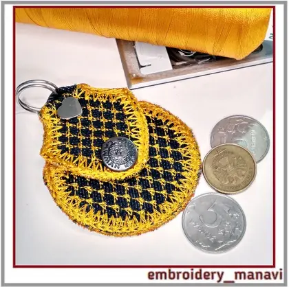 Mini wallet in the hoop, Keychain coin box. Embroidery.
