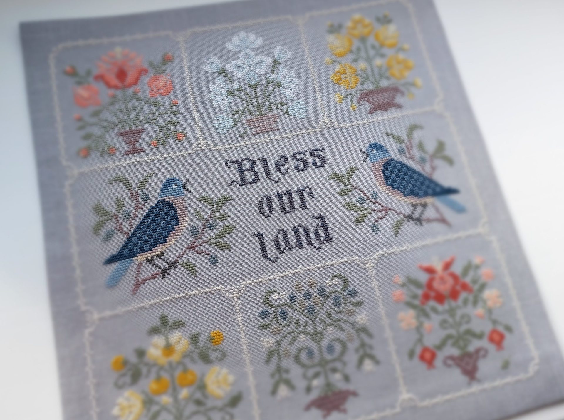 Bless our land Primitive Cross stitch pattern PDF, Flowers Sampler 3 Bless our land Primitive Cross stitch pattern PDF